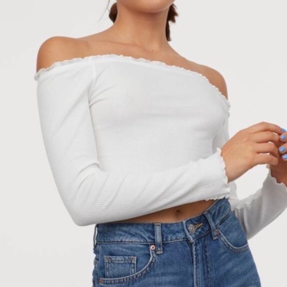 H&M White Off-the-Shoulder Ribbed Crop Top